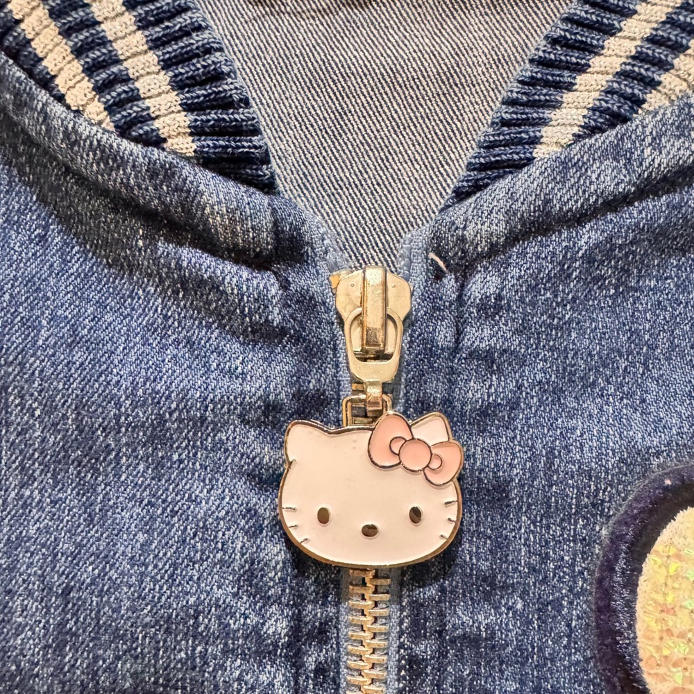 Vtg Kids Girls Hello Kitty 5T Denim Bomber Jacket Blue Sequin Bow Zipper Charm - Picture 4 of 16